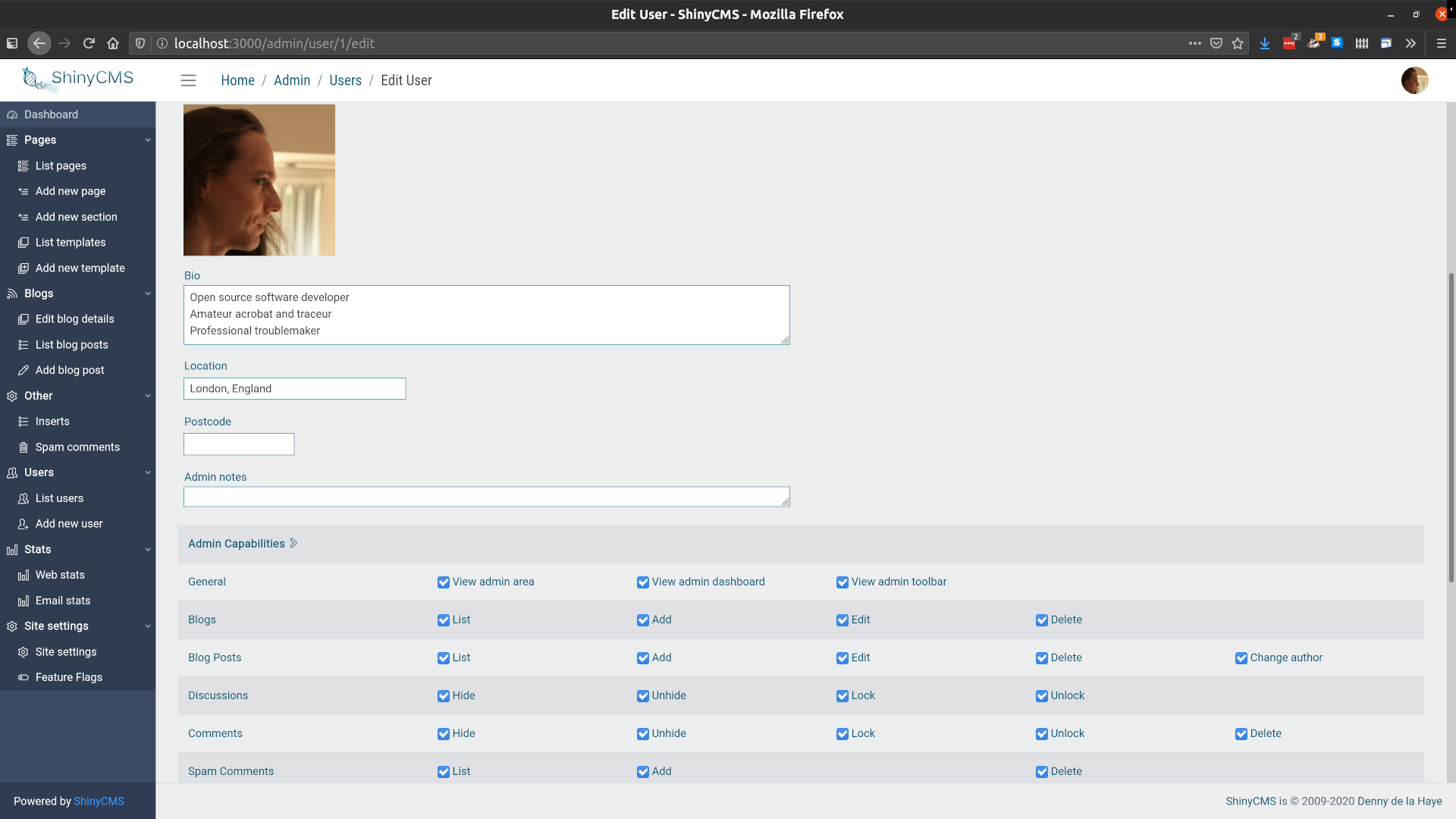 Screenshot of ShinyCMS user admin interface