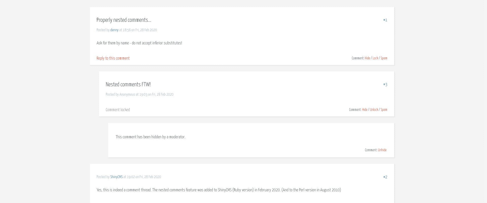 Screenshot of ShinyCMS comments feature, showing multi-level nesting